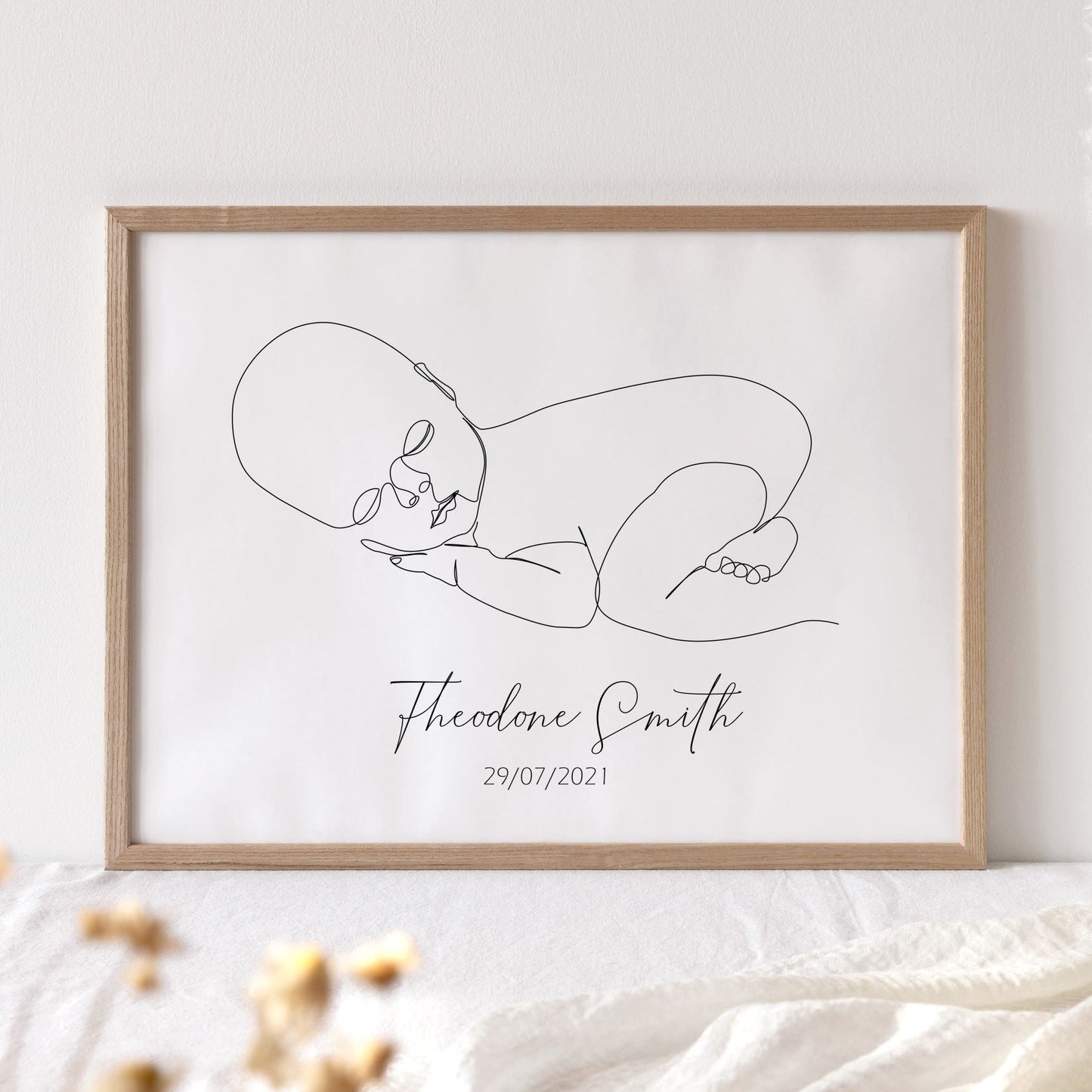 custom name newborn baby line drawing wall art print