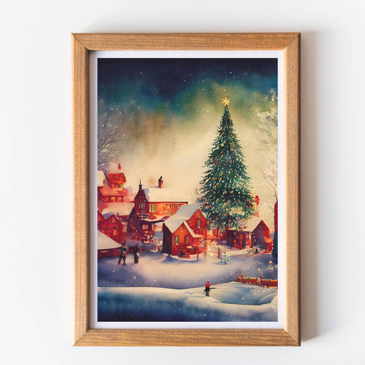 Christmas wall art print large tree houses unframed