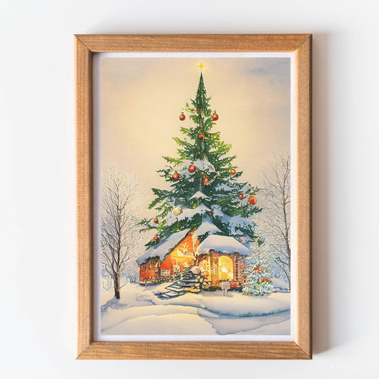 snowy Christmas tree and house wall art print unframed