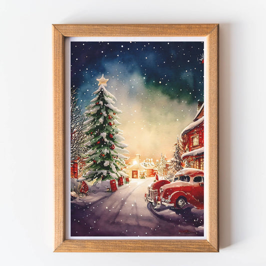 Christmas wall art print snowy street unframed