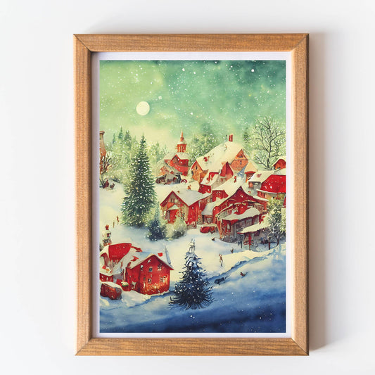 Christmas wall art print snowy village unframed