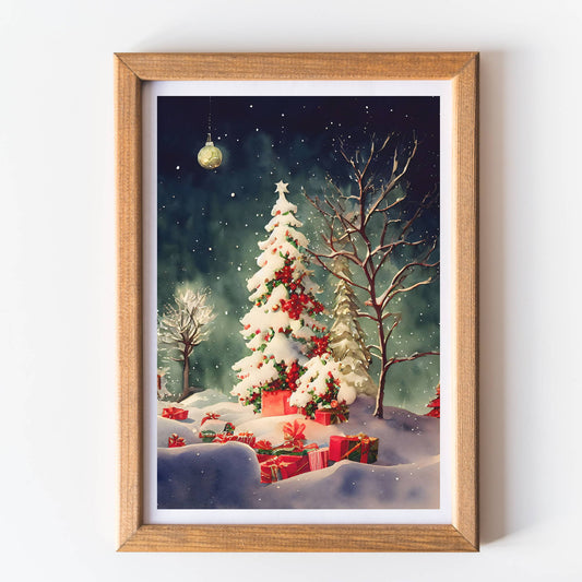 snowy Christmas tree wall art print unframed
