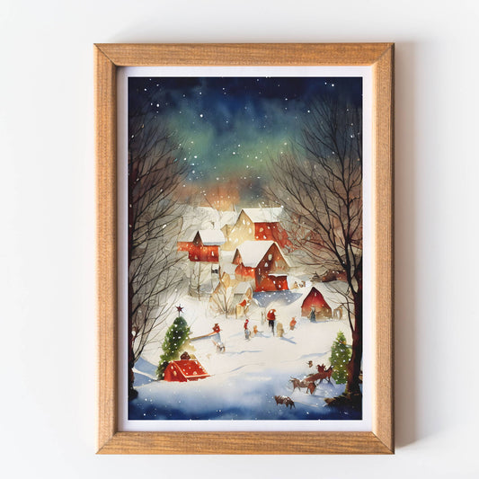 Christmas wall art print little village unframed