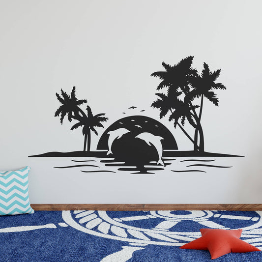 palm tree dolphin sunset wall decal