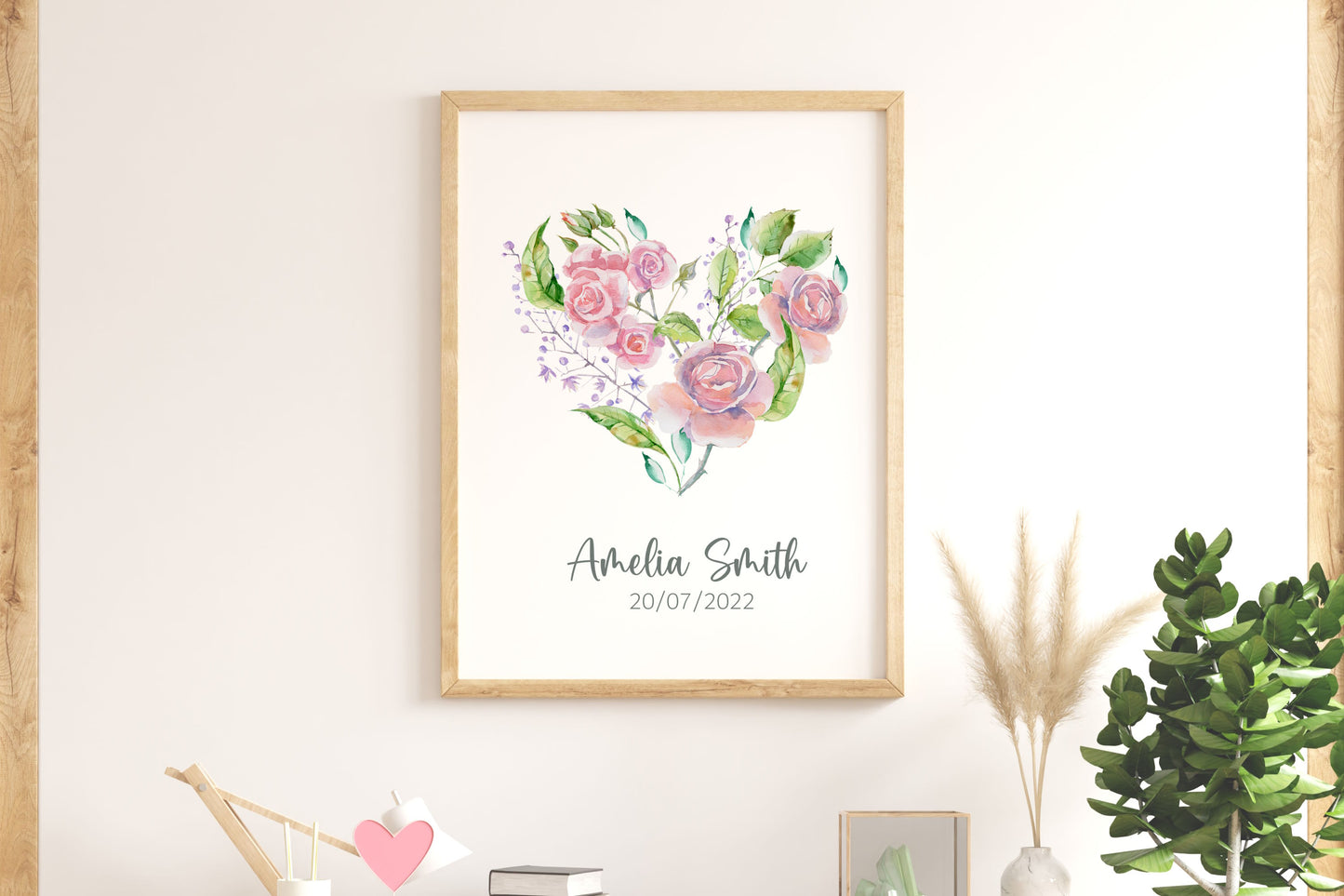 personalised name flower heart wall art print