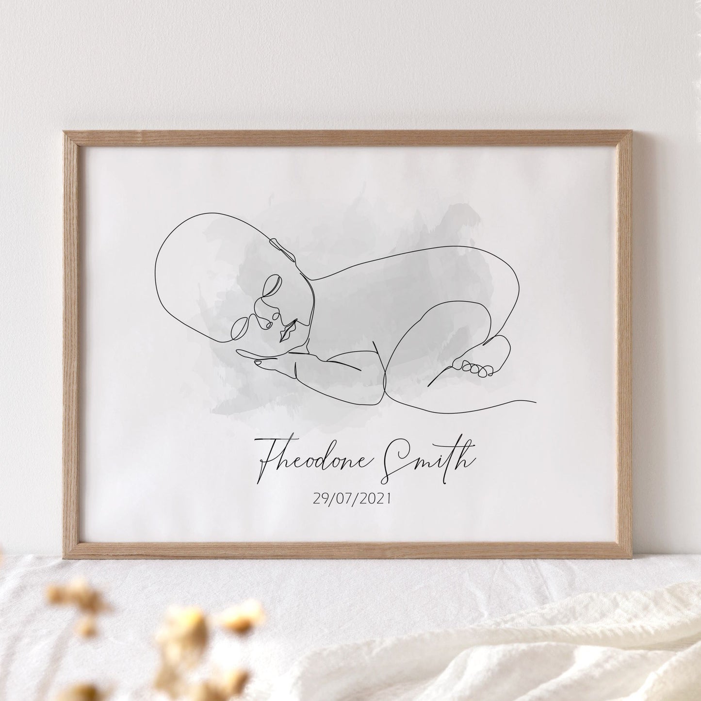 custom name newborn baby line drawing wall art print