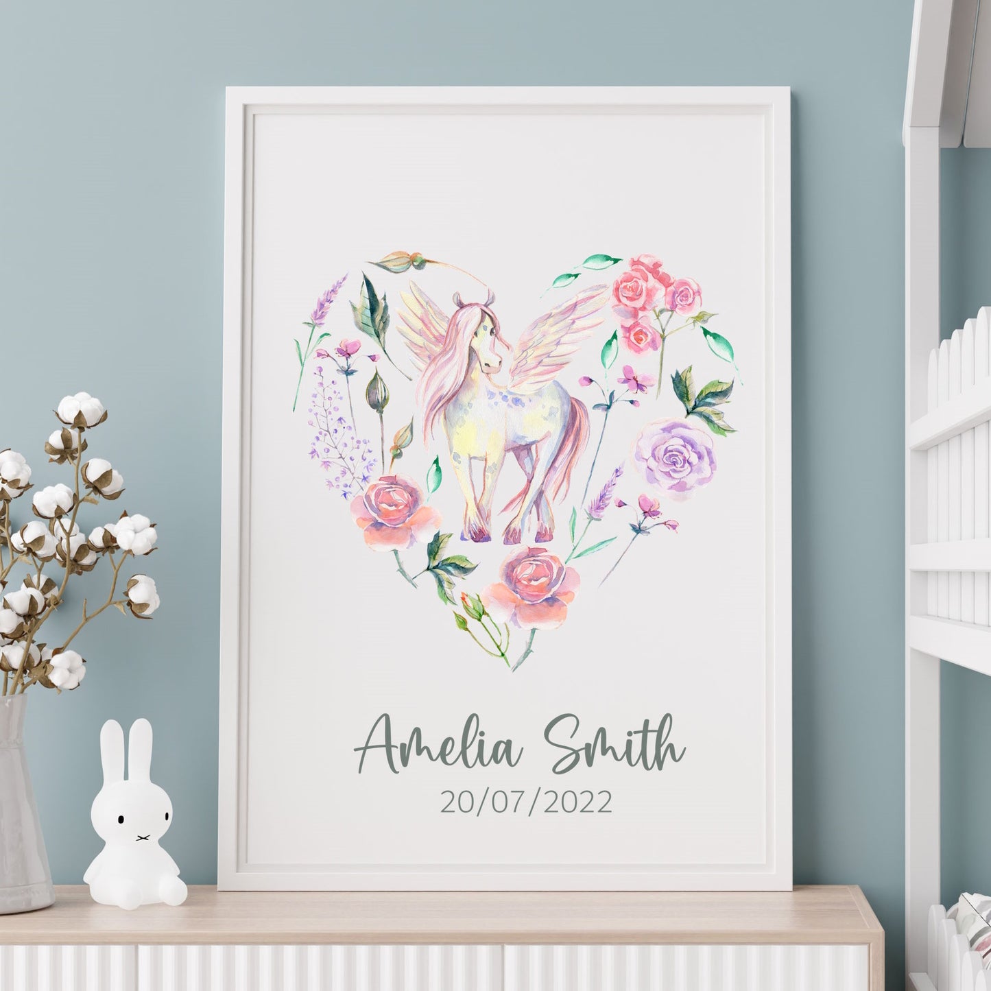 personalised name Pegasus flower heart wall art print