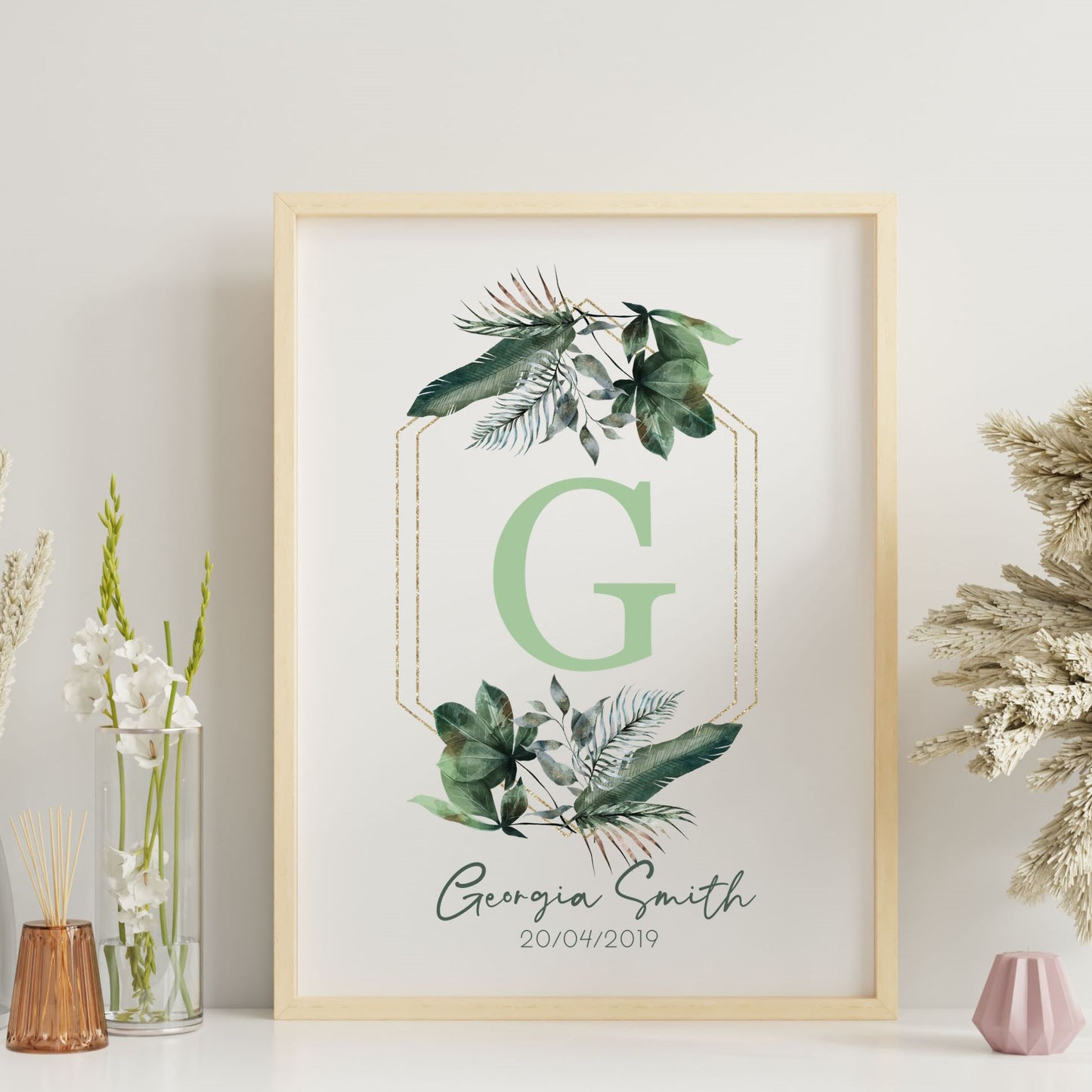 custom name tropical leaves flowers nursery print