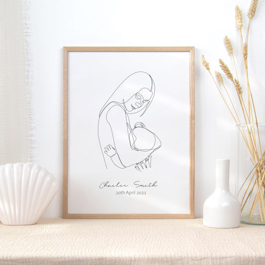 mother and baby custom name line drawing wall art print