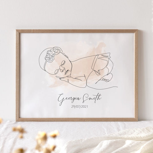 custom name newborn baby line drawing wall art print