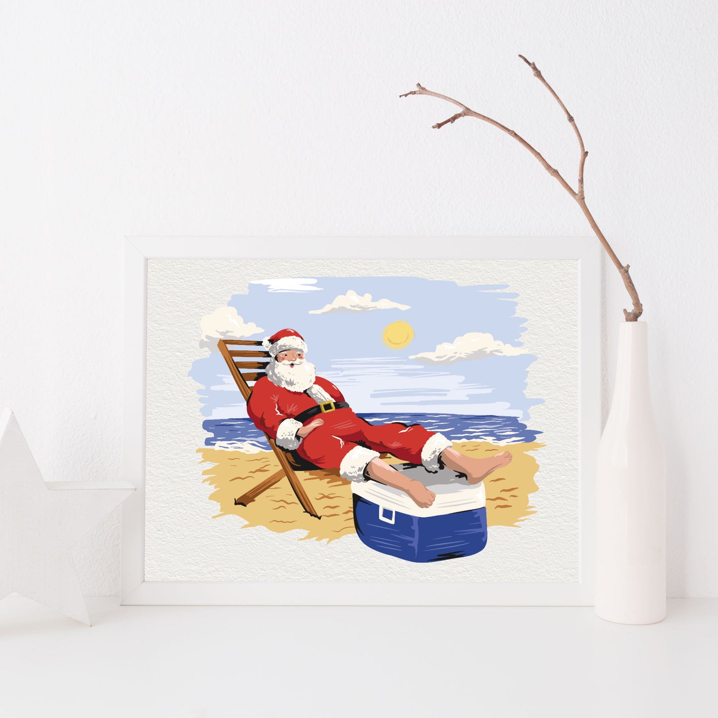 Santa on beach wall art print unframed