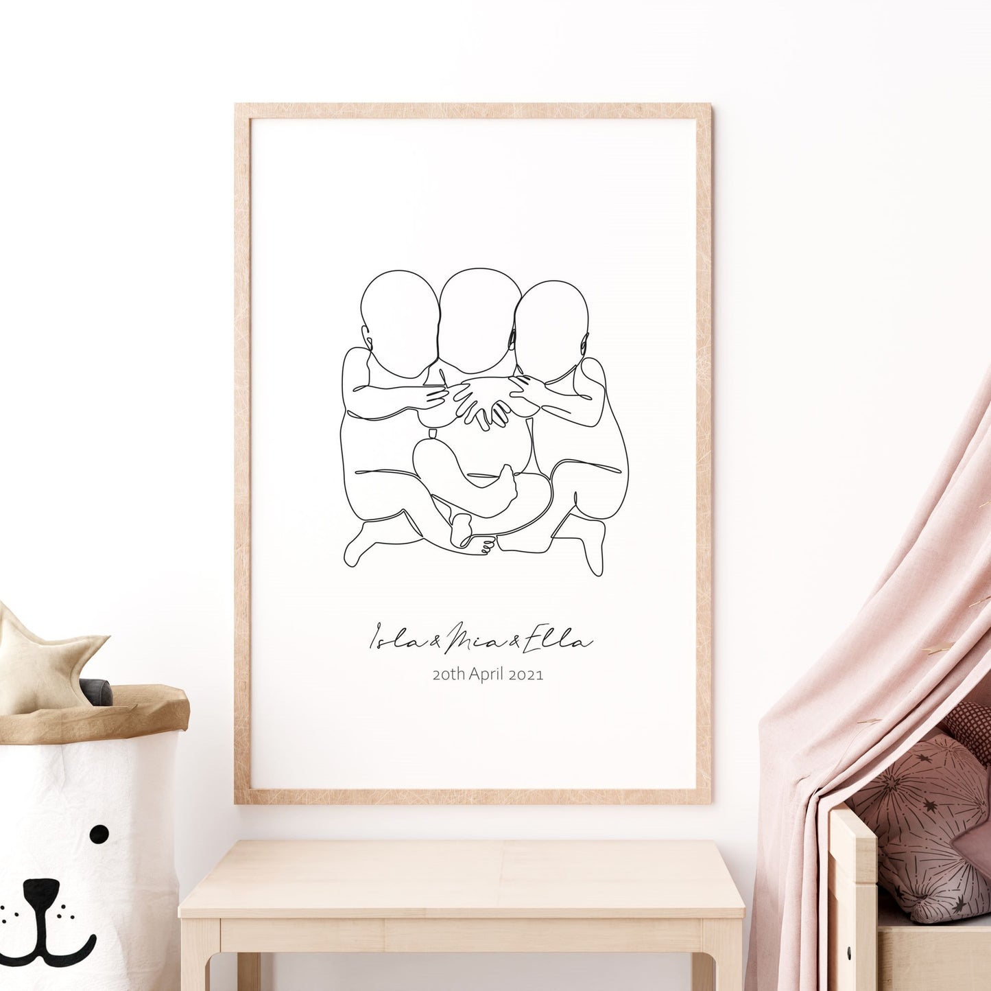 custom name triplets line drawing wall art print