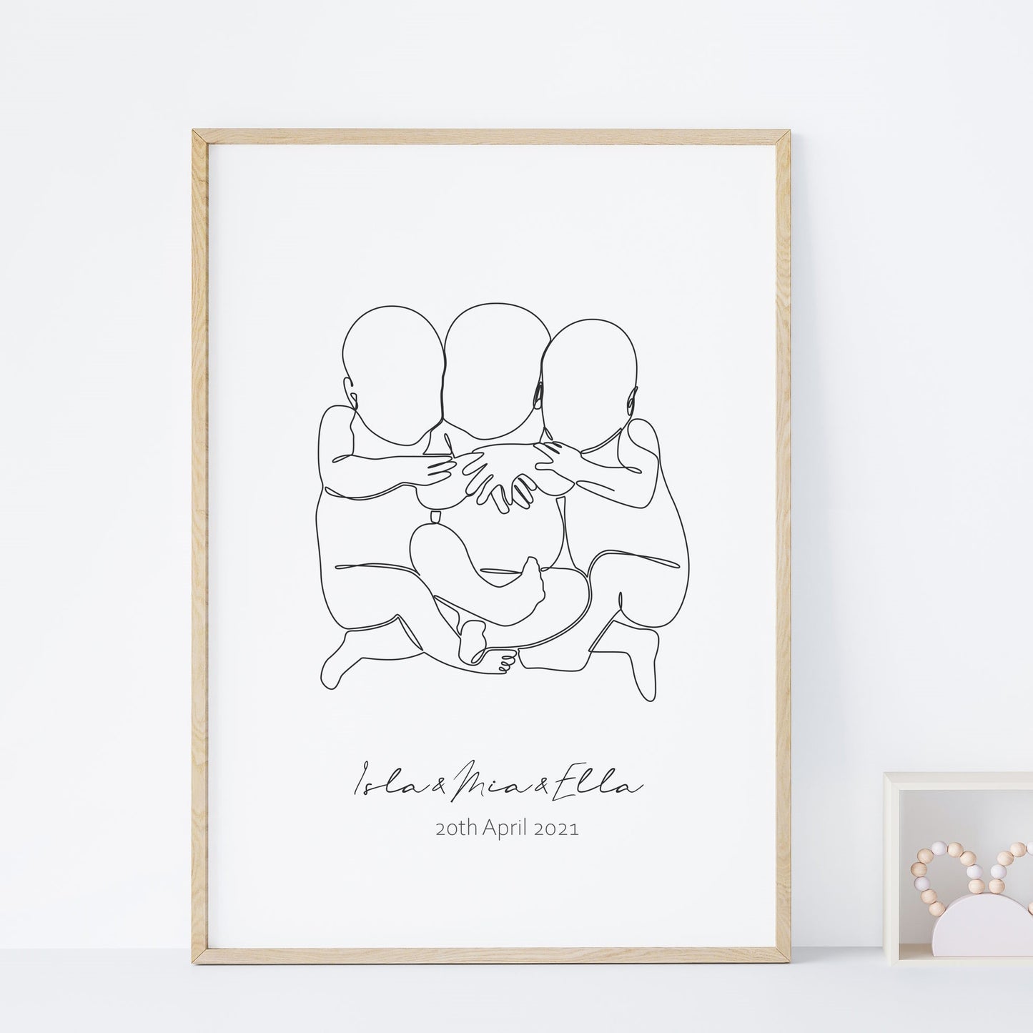 custom name triplets line drawing wall art print