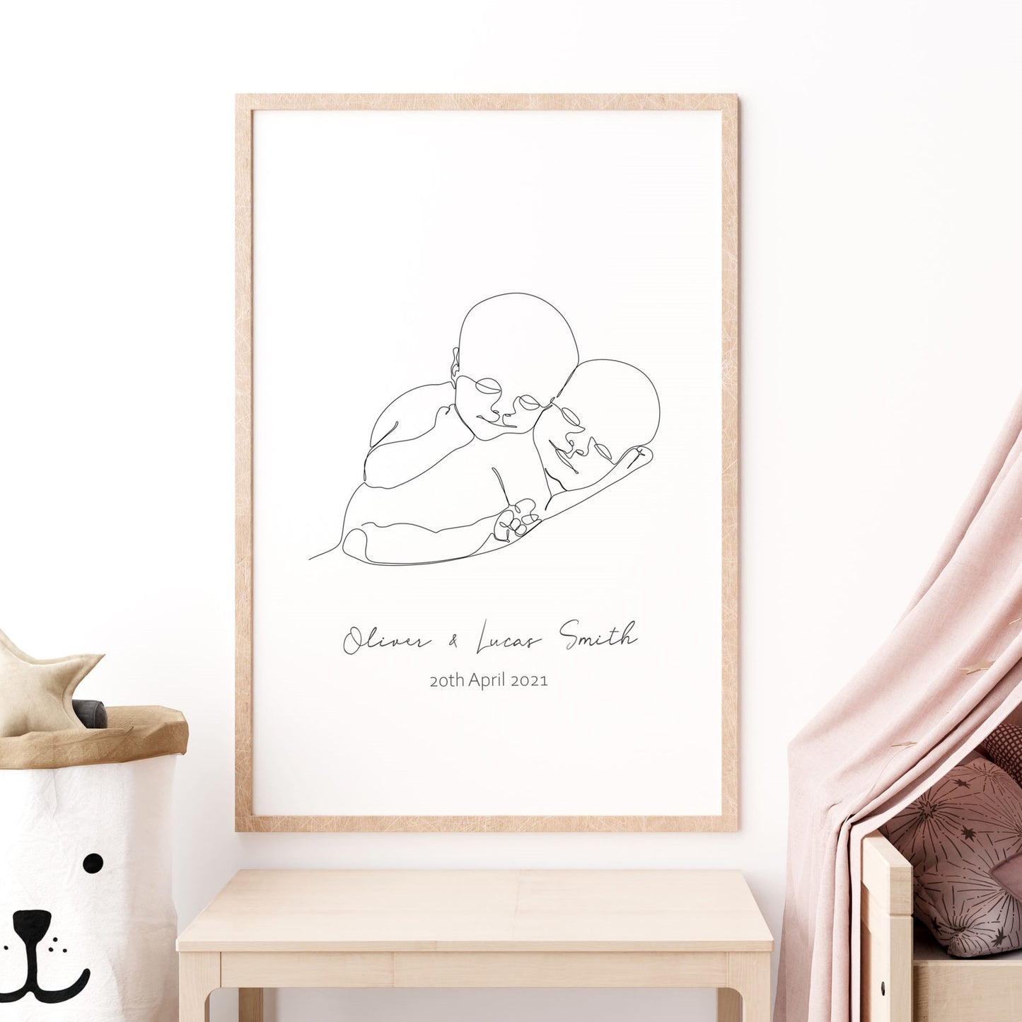 custom name twins line drawing wall art print