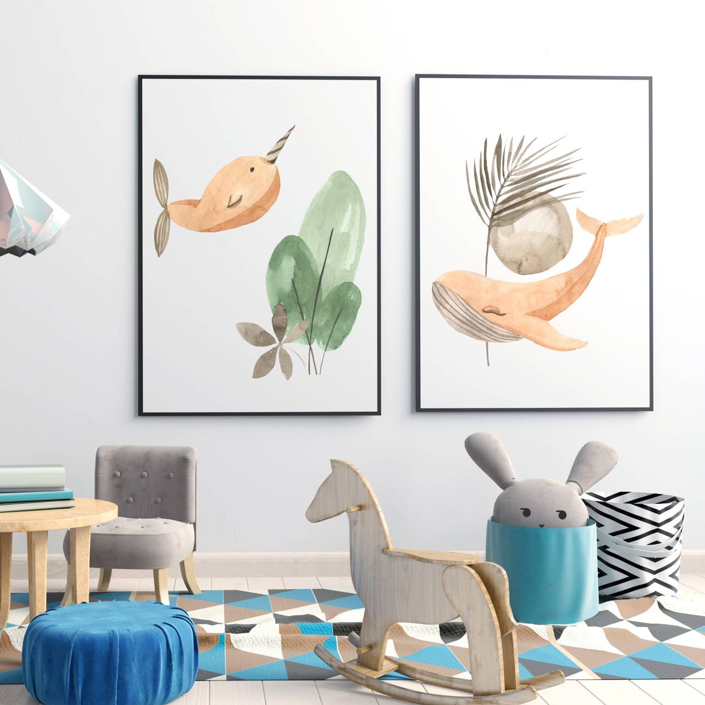 narwhal and whale nursery prints set of 2