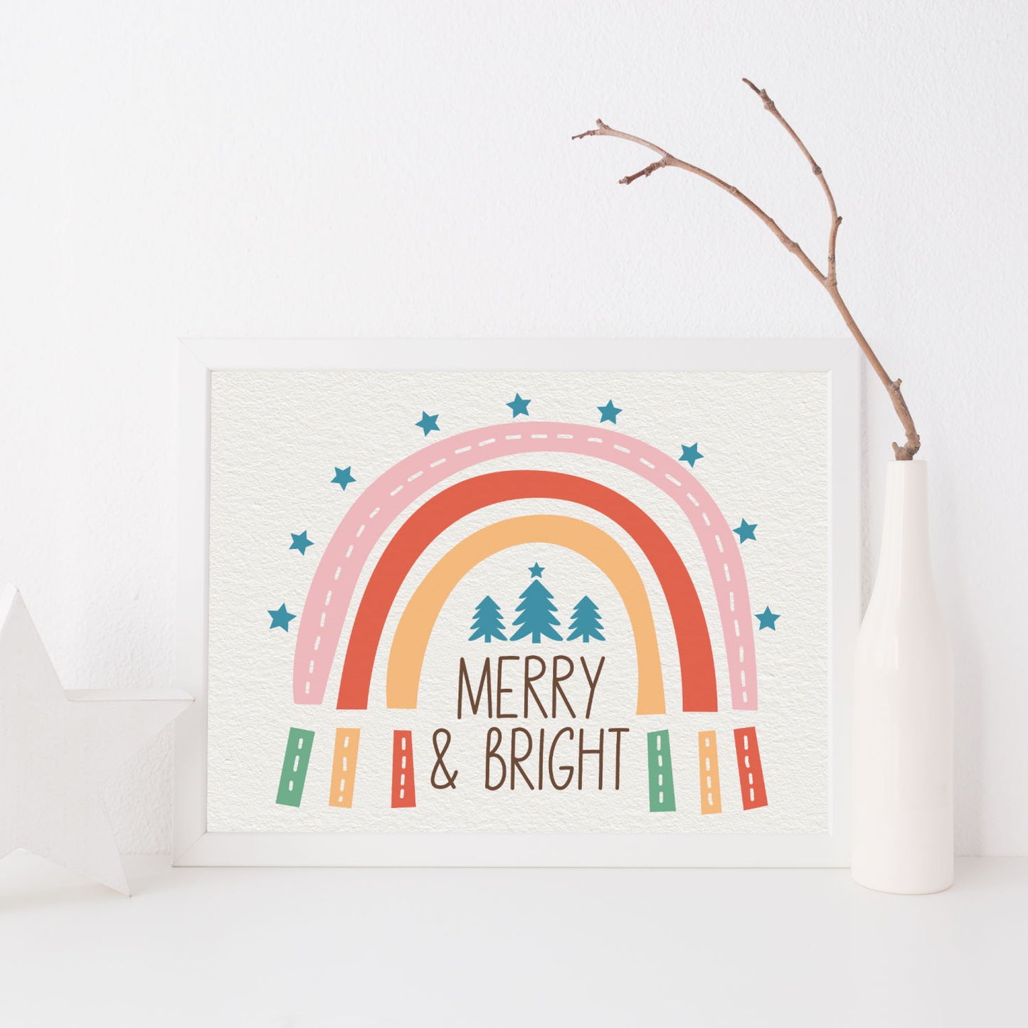 Christmas rainbow merry and bright wall art print unframed