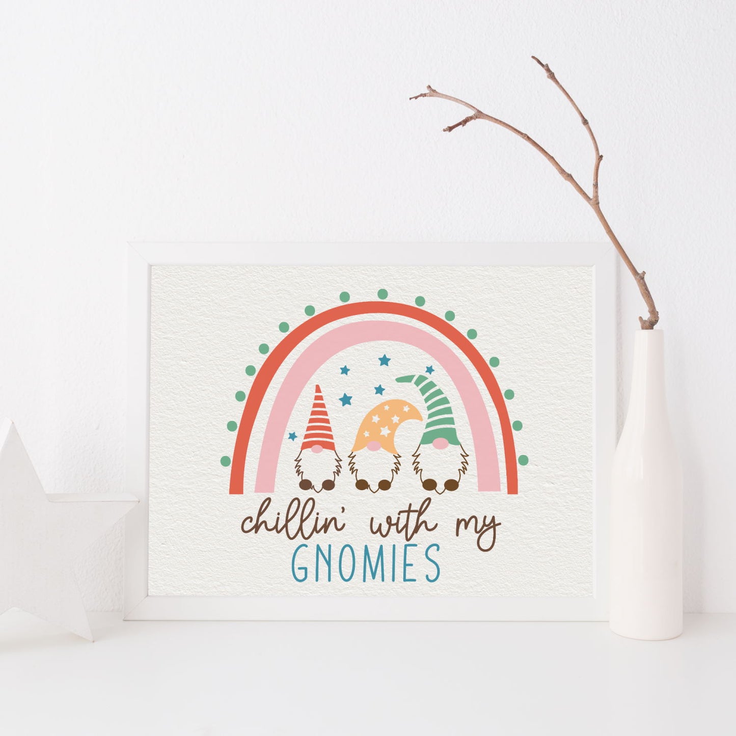 Christmas rainbow gnomies wall art print unframed